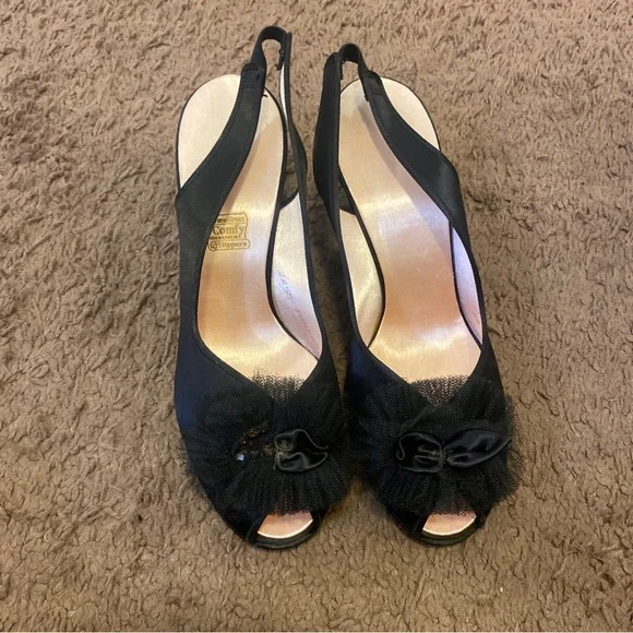 Vintage Daniel Green Comfy Boudoir Shoes Slippers Black Satin Peep Toe 5 - Picture 2 of 10
